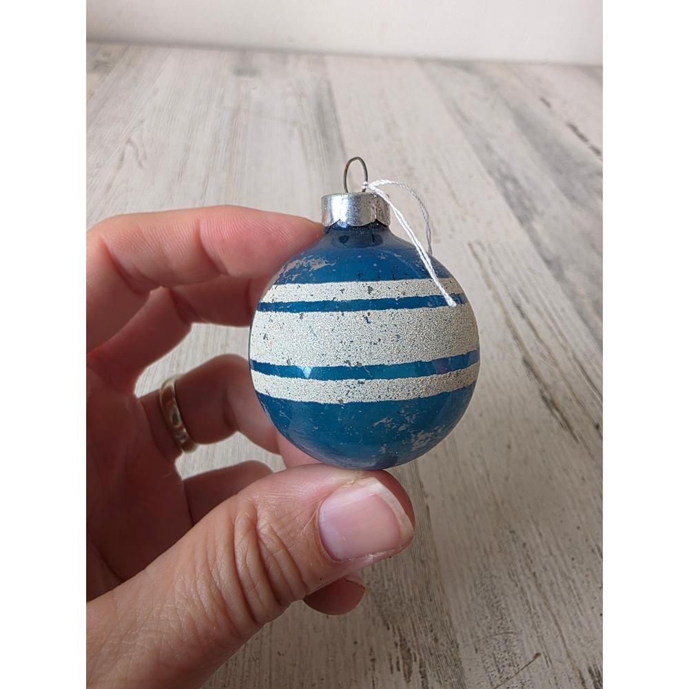 Vintage Mica striped blue mini glass ornament made in the USA unusual unique